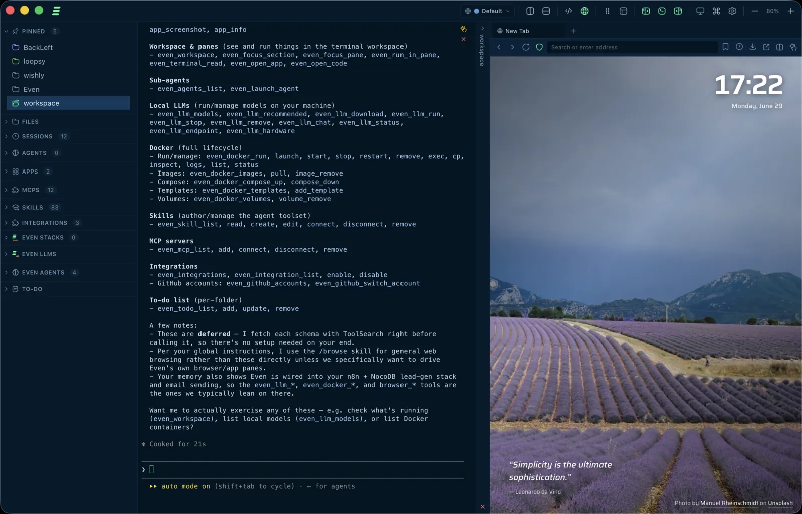 The Even workspace: an agent working in the terminal beside a live in-app browser